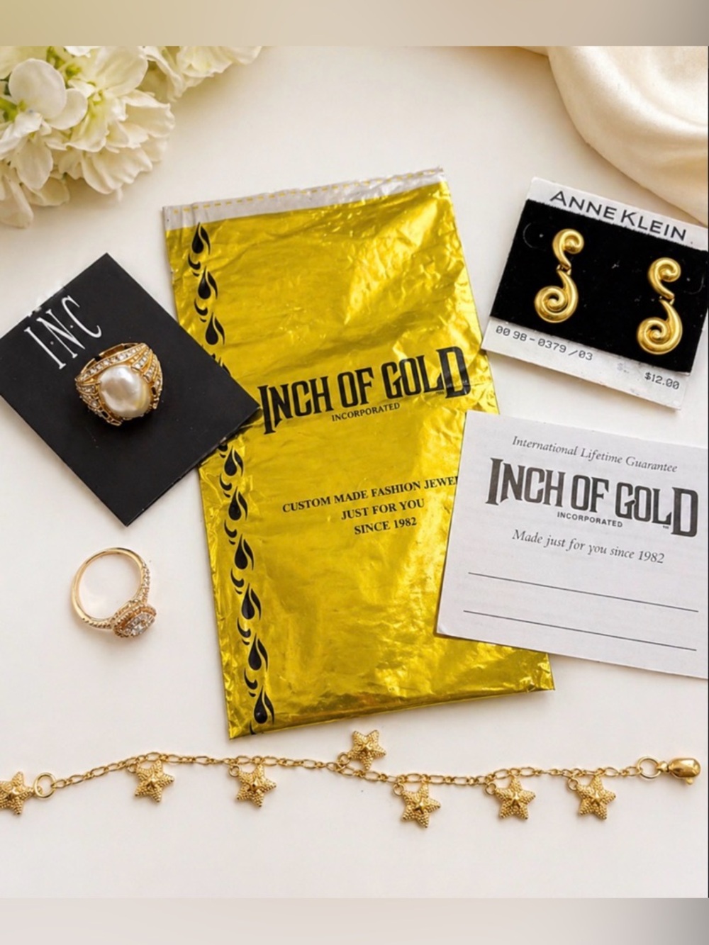 Gold Jewelry Bundle Inch of Gold Bracelet, Rings and Anne Klein Earrings Set